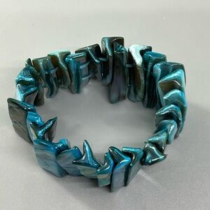 Teal Blue Shell Bracelet Big Chunky Cuff Thick Stretch Mother of Pearl/Abalone